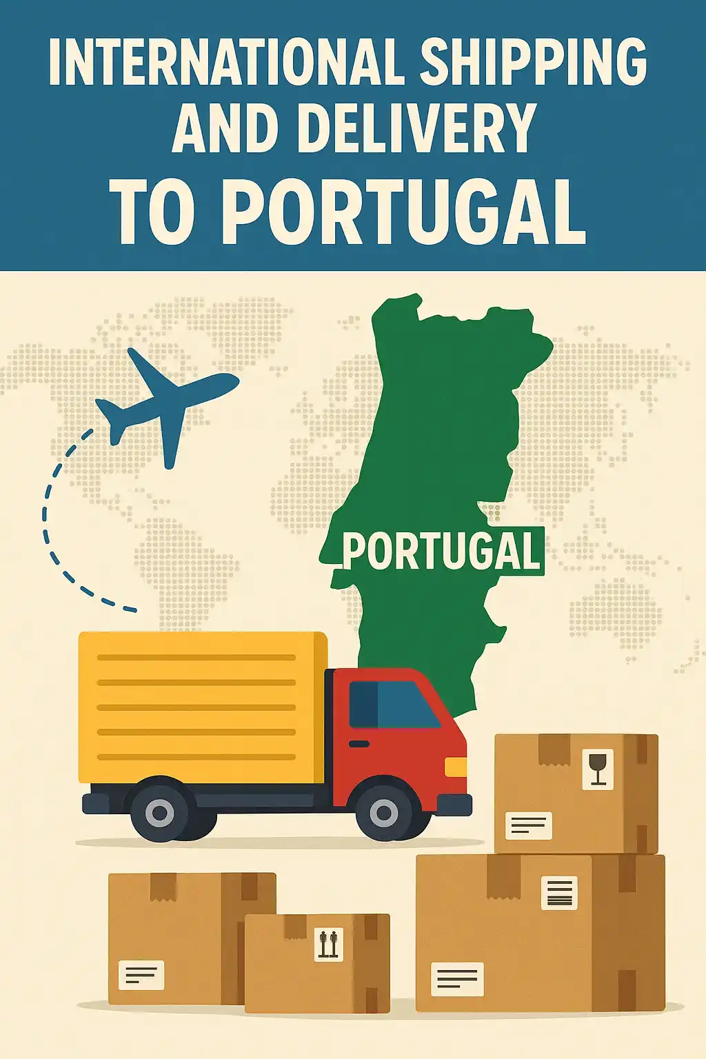 Artwork for international shipping to Portugal featuring a red truck, delivery boxes, a green map of the country, and an airplane icon, with the text "International Shipping and Delivery to Portugal".