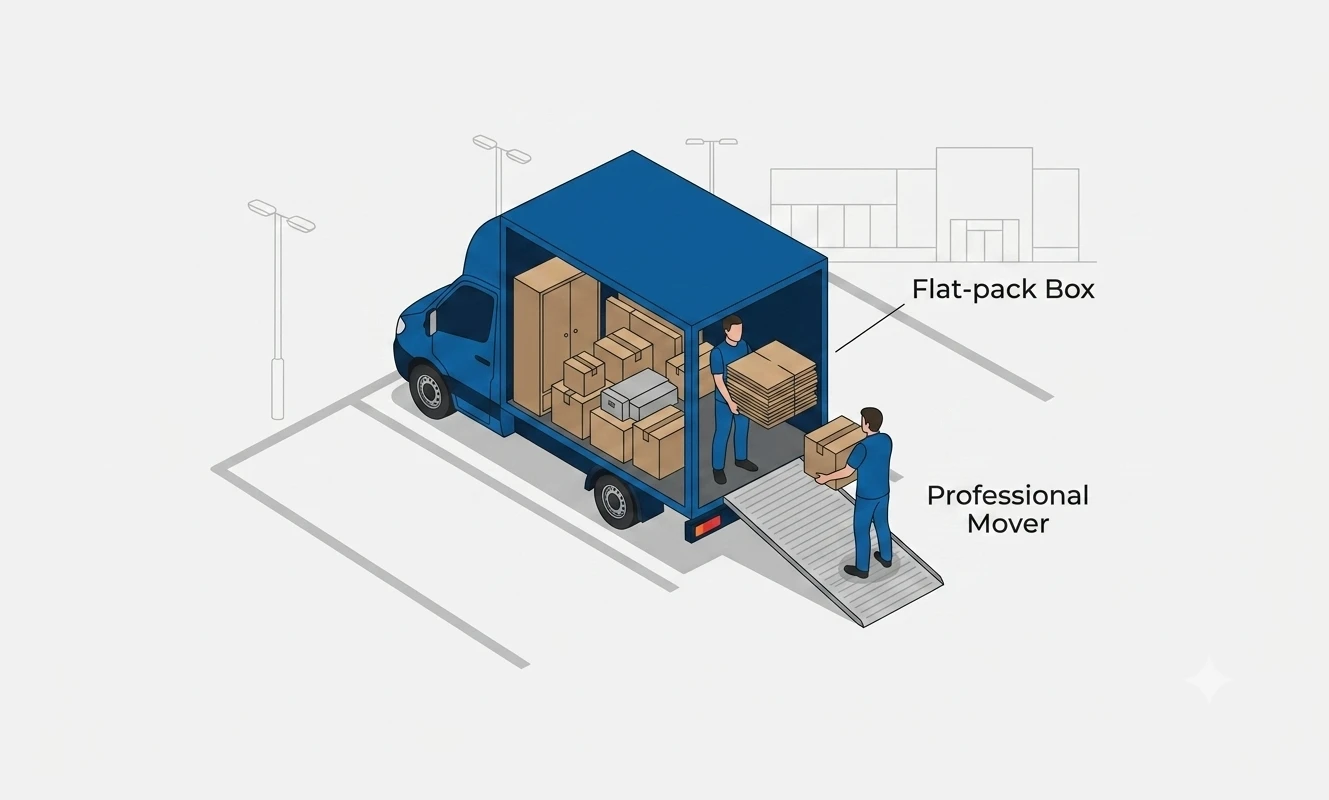 Ilustração isométrica de um caminhão azul com caixas e mercadorias tipo flat-pack sendo movimentadas por dois profissionais em uma doca, com indicação de flat-pack Box e Professional Mover.