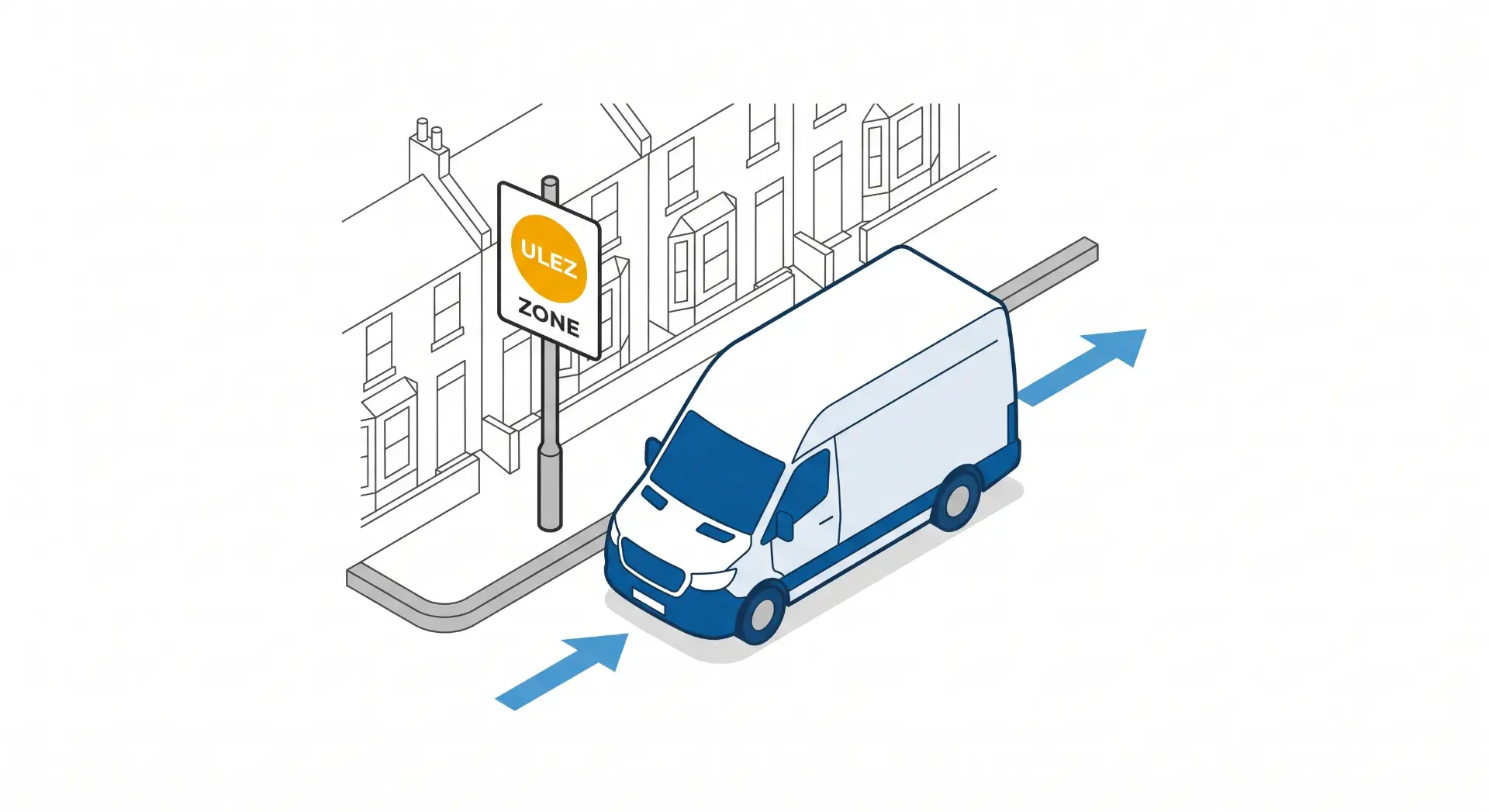 Ilustração isométrica de um caminhão de entrega passando por uma rua urbana, com setas de direção e sinalização de ULEZ Zone na calçada