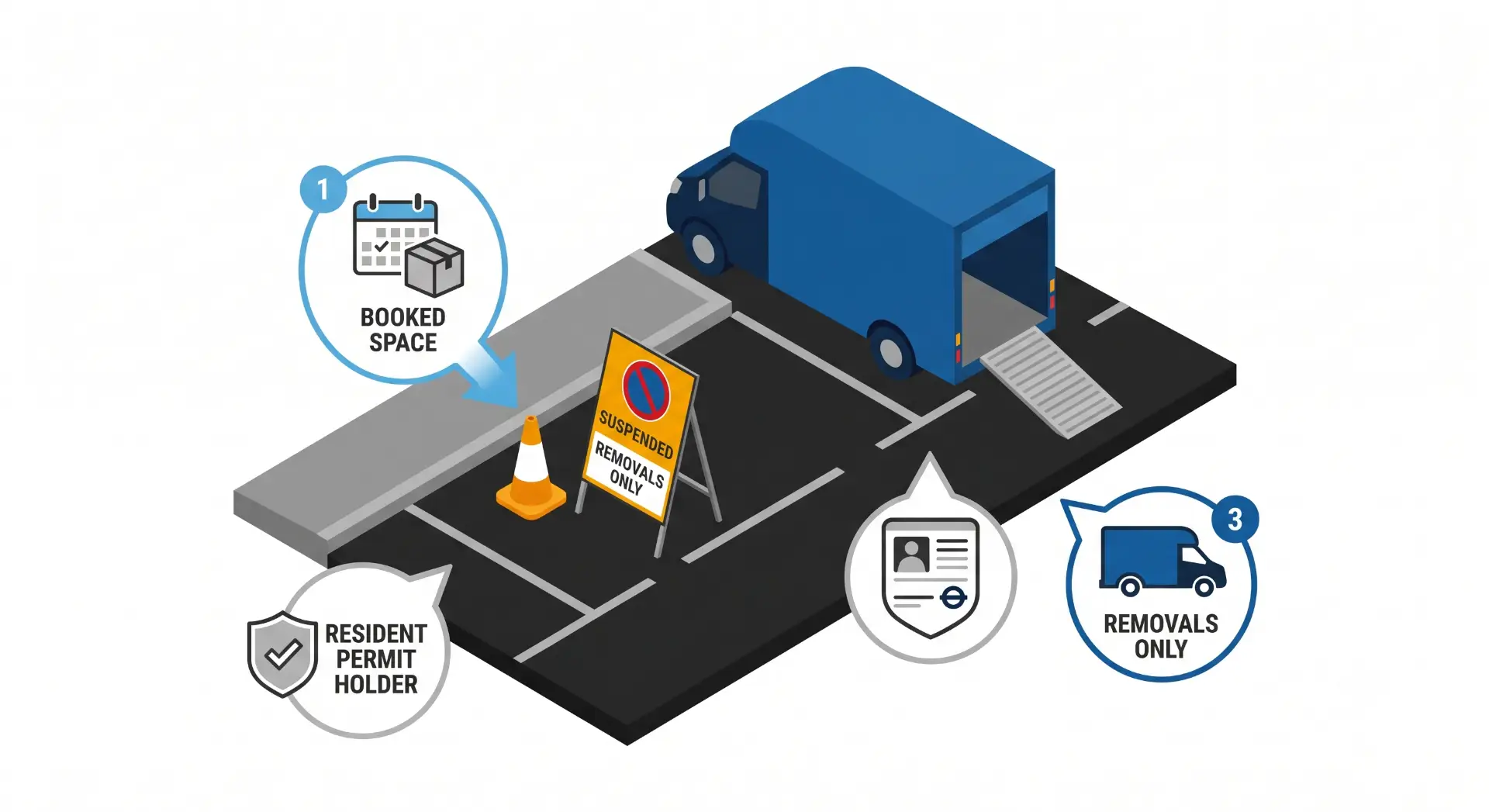 Ilustração isométrica de um processo de mudança com caminhão de transporte, faixa de rua bloqueada, sinalização de remoções apenas e placas de “Resident Permit Holder” e “Suspended Removal Only”