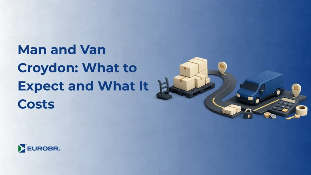 Imagem com ilustração de transporte e logística, incluindo van azul, caixas e rota com marcador, além de calculadora e moedas. Texto: “Man and Van Croydon: What to Expect and What It Costs” e marca “EUROBR.”