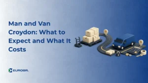 Imagem com ilustração de transporte e logística, incluindo van azul, caixas e rota com marcador, além de calculadora e moedas. Texto: “Man and Van Croydon: What to Expect and What It Costs” e marca “EUROBR.”