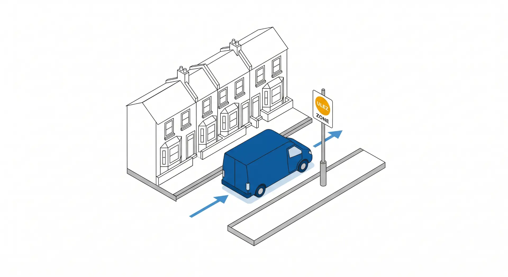 Ilustração em perspectiva de uma rua com trilho, um caminhão azul em uma via e um posto de sinalização com placas de atenção, indicando um ponto de parada e controle