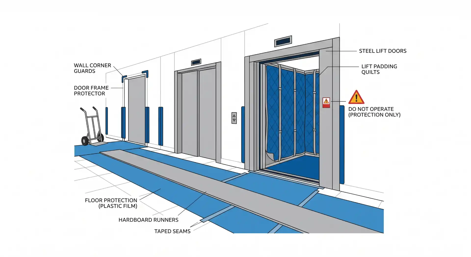 Technical diagram of building protection for a move: floor film, hardboard runners, taped seams, door frame guards and lift padding quilts.