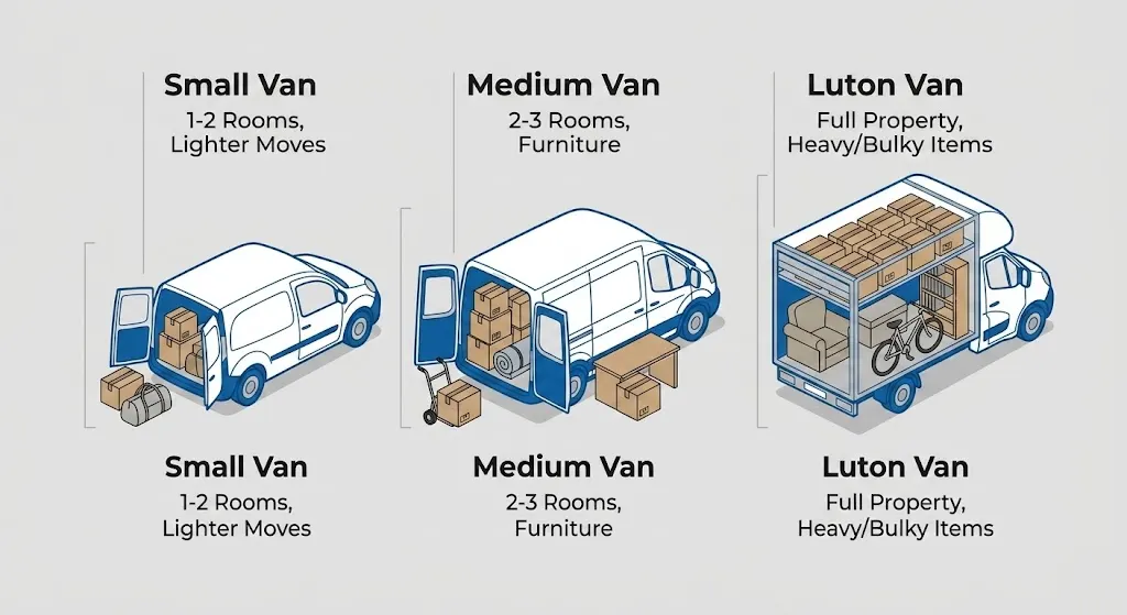 Ilustração comparativa de três tipos de vans de mudança: Small Van, Medium Van e Luton Van, com exemplos de capacidade para móveis e itens leves ou pesados.