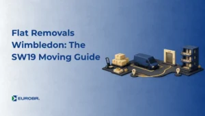 Blue banner for the guide Flat Removals Wimbledon: The SW19 Moving Guide, with 3D moving icons and the EUROBR logo.