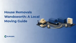 Imagem com o título “House Removals”, “Wandsworth: A Local Moving Guide” e ilustração de uma mudança local com caixas, caminhão azul, porta e itens de apoio sobre uma base, com a marca “EUROBR.” ao canto inferior esquerdo.