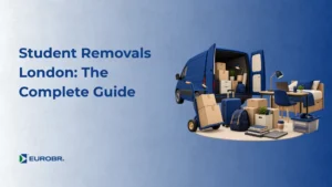 Imagem promocional sobre Student Removals London: The Complete Guide, com um caminhão de mudanças azul aberto e várias caixas, móveis e objetos embalados ao lado de textos informativos e o logo EUROBR.