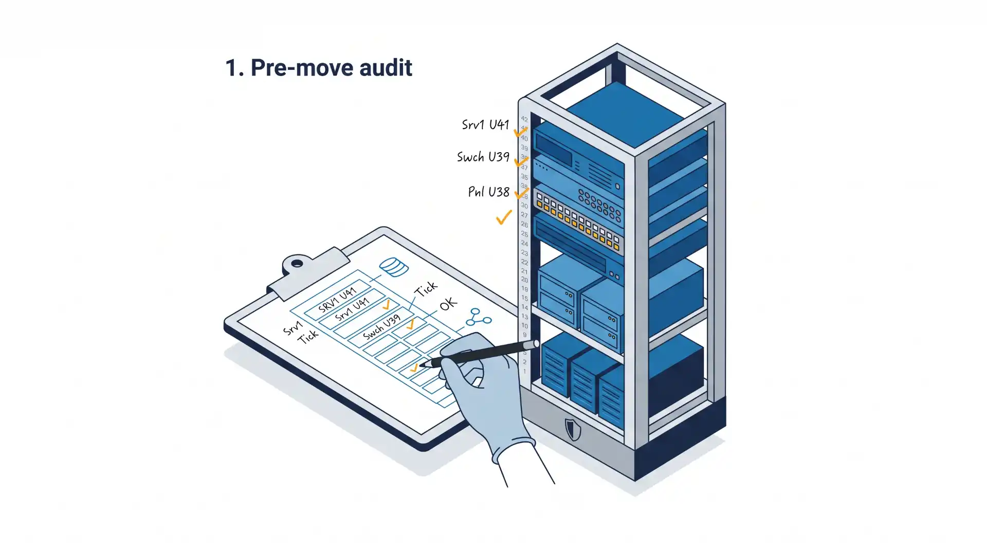 Ilustração técnica mostrando uma auditoria pré-move em um ambiente de rede, com um servidor e um tablet exibindo etapas de configuração, setas e checklist.