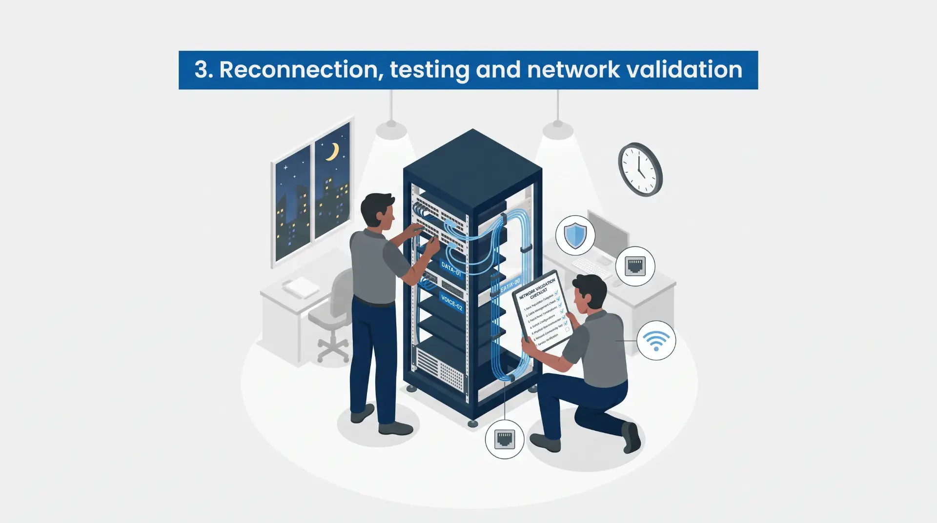 Ilustração de data center com servidor em um rack enquanto duas pessoas realizam reconhecimento, testing and network validation, verificando conexões e telas com informações de rede, além de ícones de segurança e Wi‑Fi