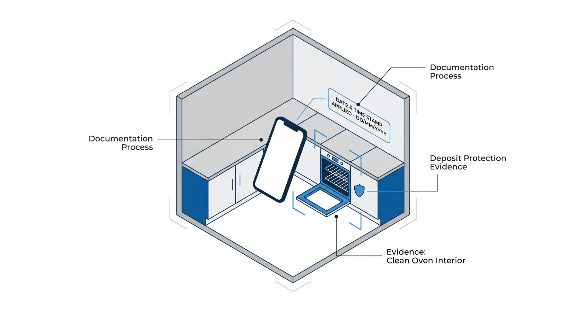 Ilustração esquemática de um ambiente fechado tipo laboratório com fluxos de documentação, evidência e proteção do depósito, incluindo limpeza do forno e registro de carimbo de data em um dispositivo móvel.