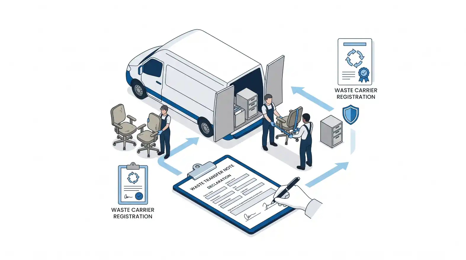 Ilustração de fluxo de registro de transporte de resíduos: caminhão azul e equipe operacional, computadores e um formulário “WASTE CARRIER REGISTRATION” com seta de processo de transferência.