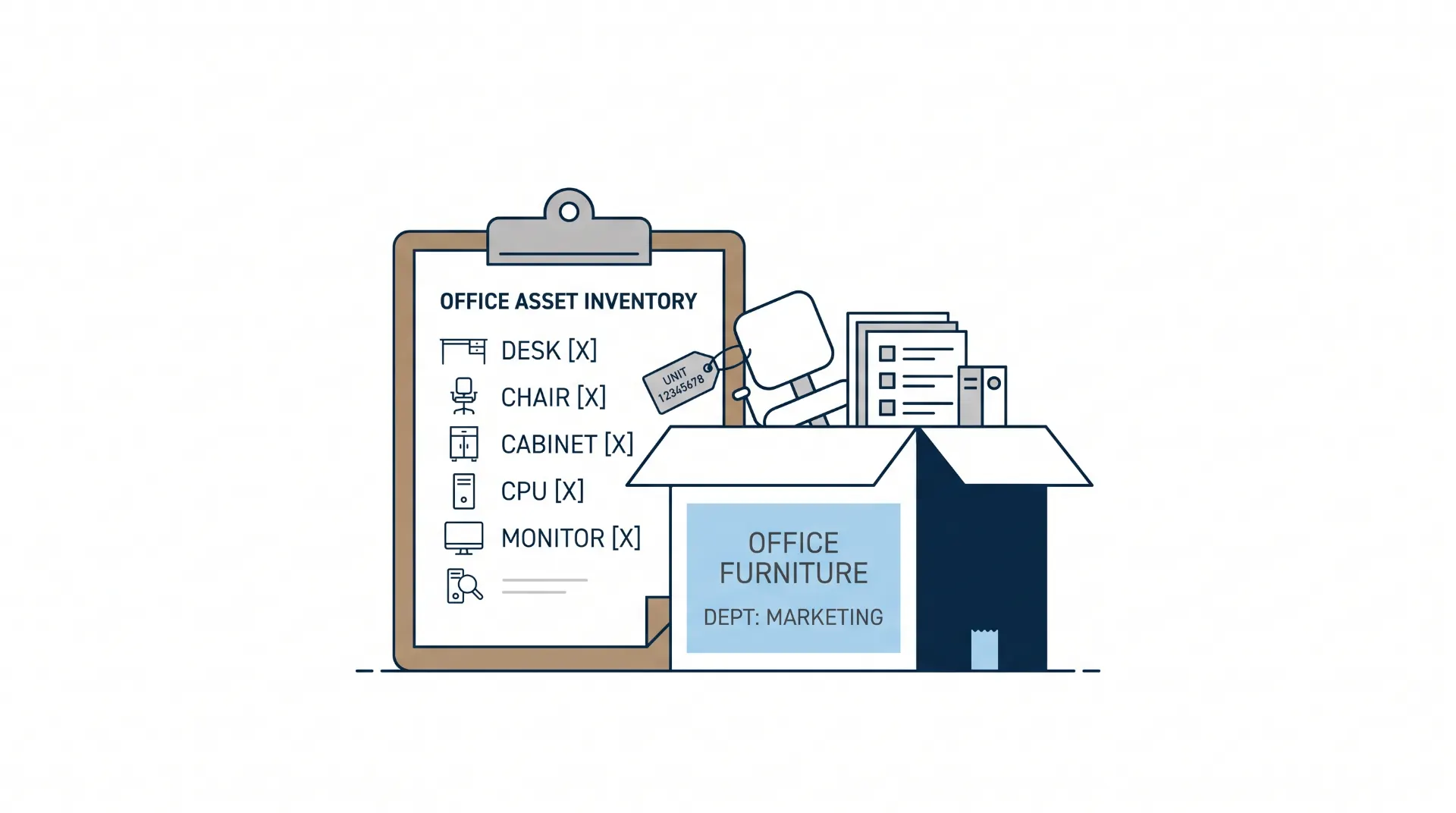 Ilustração vetorial de inventário de ativos de escritório com quadro de checklist, lista de itens como desk, chair, cabinet, CPU e monitor, e caixa de “Office Furniture” para Dpt Marketing.