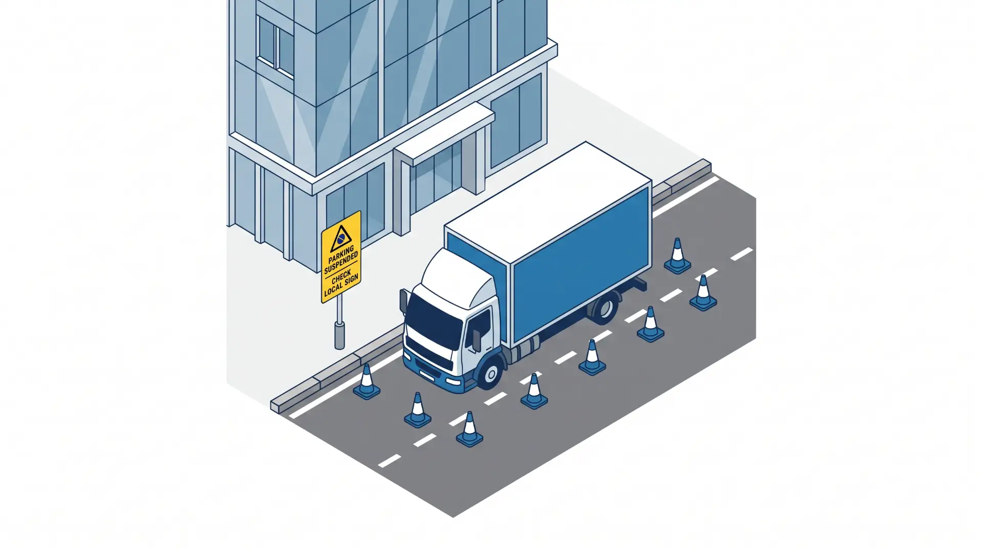 Ilustração isométrica de caminhão em área industrial com cones e marcações de trânsito, sinalização de manutenção e operação, e faixas de segurança no pátio.