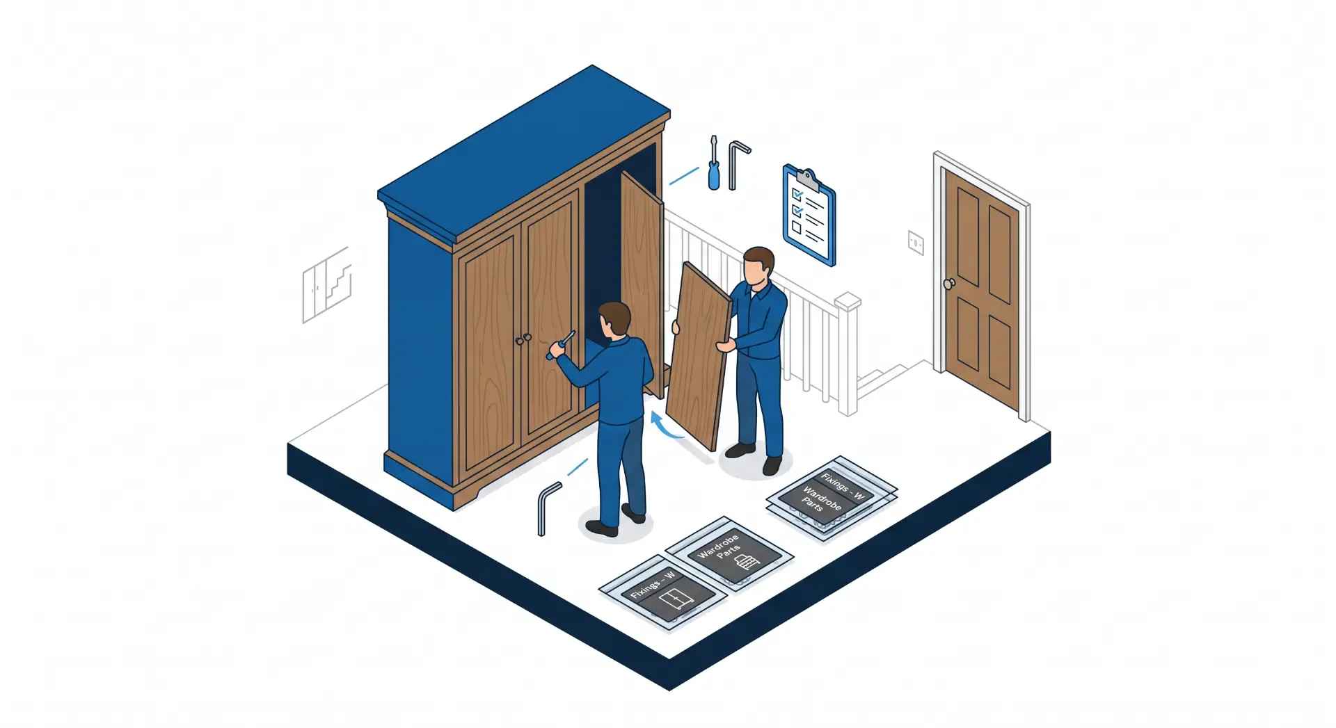 Ilustração isométrica de dois instaladores montando uma porta de madeira em um ambiente, com ferramentas e manuais de instalação sobre uma bancada, estilo técnico de reforma.