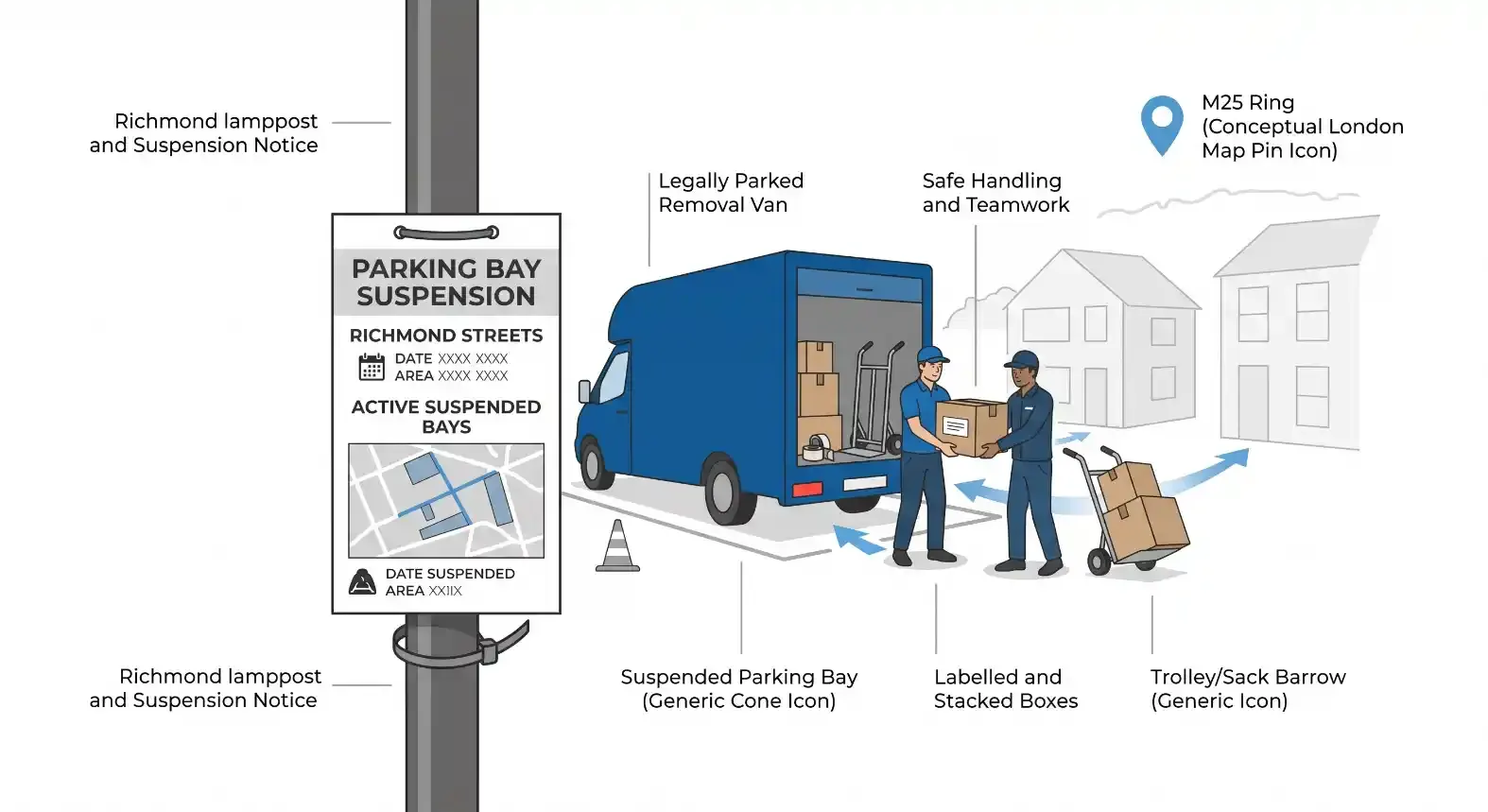 Ilustração vetorial de estacionamento com suspensão e remoção: placa “PARKING BAY SUSPENSION”, van removendo móveis e equipe com caixas em carrinho, cones e área demarcada.