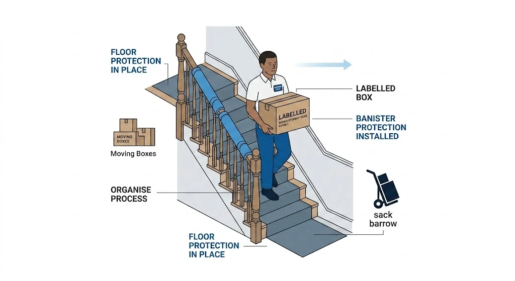 Ilustração de processo de mudança com um trabalhador transportando uma caixa marcada “LABELLED” por uma escada, com proteção no piso e instalação de barreira (banister protection) e etiquetas de segurança para movimentação.