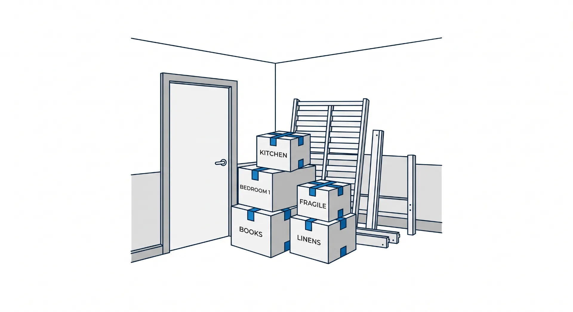 Ilustração vetorial em corte de um imóvel com portas abertas e caixas de mudança em diferentes cômodos, incluindo Bedroom, Kitchen e itens como Books, Fragile e Linens.