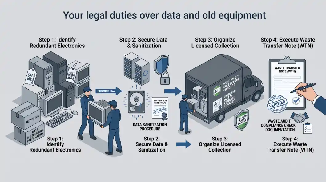 Infográfico com etapas para identificar equipamentos eletrônicos redundantes, higienizar dados, organizar licenças e executar a Waste Transfer Note (WTN), com imagens de computadores e caminhão de coleta de lixo.