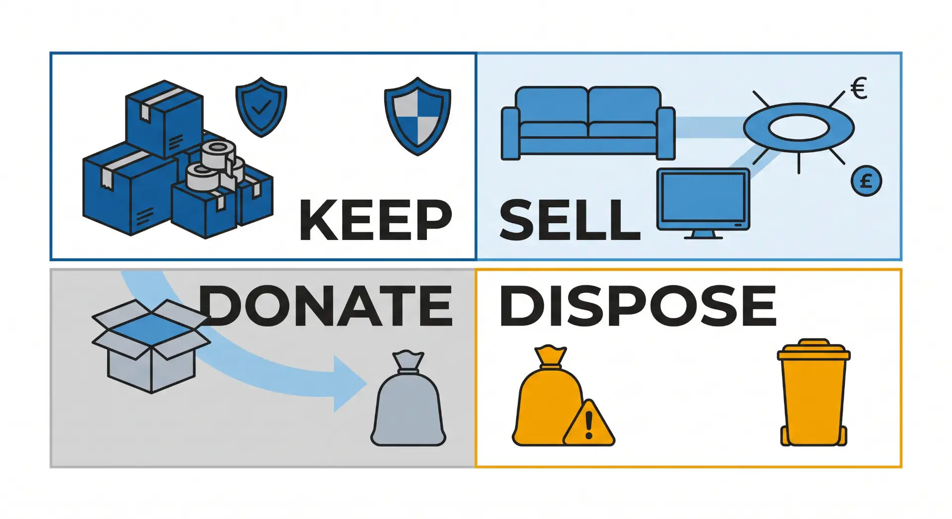 Infográfico com setas e ícones de doação e descarte, mostrando “KEEP SELL” com caixa e itens, e “DONATE DISPOSE” com saco de doação e lixeira para orientar o descarte adequado de objetos.