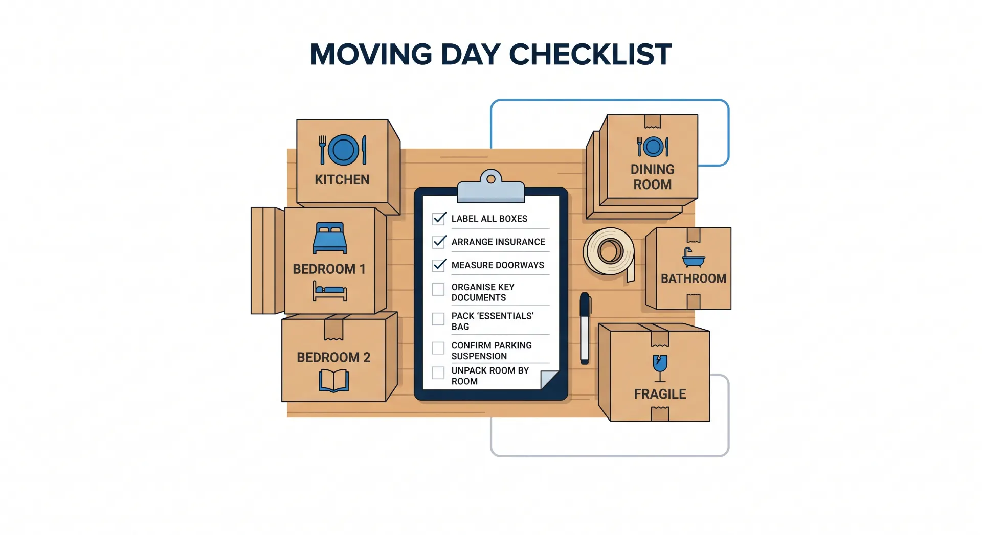 Infográfico de moving day checklist com caixas de mudança nomeadas (Kitchen, Bedroom, Dining Room, Bathroom) e lista de tarefas, incluindo label all boxes, measure doorways e pack essentials.