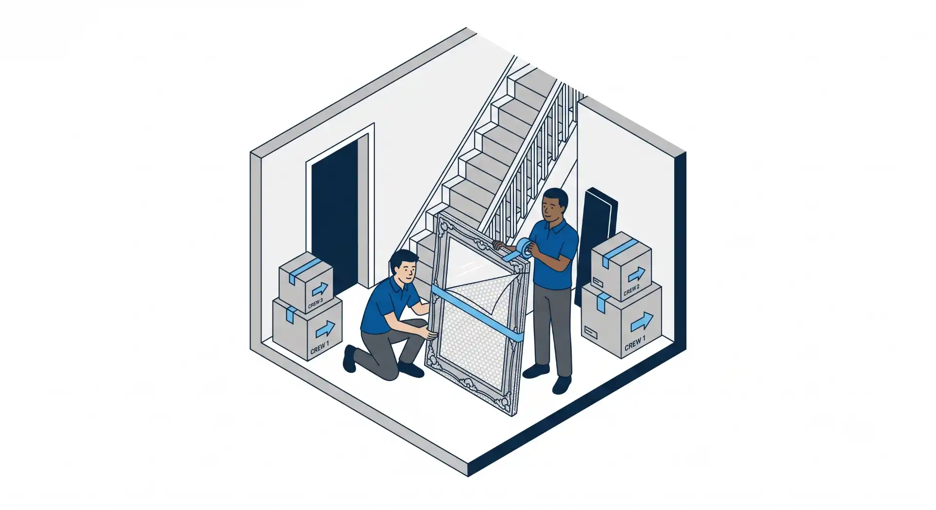 Isometric illustration of two movers wrapping a large framed mirror in bubble wrap and tape, beside labelled moving boxes in a hallway.