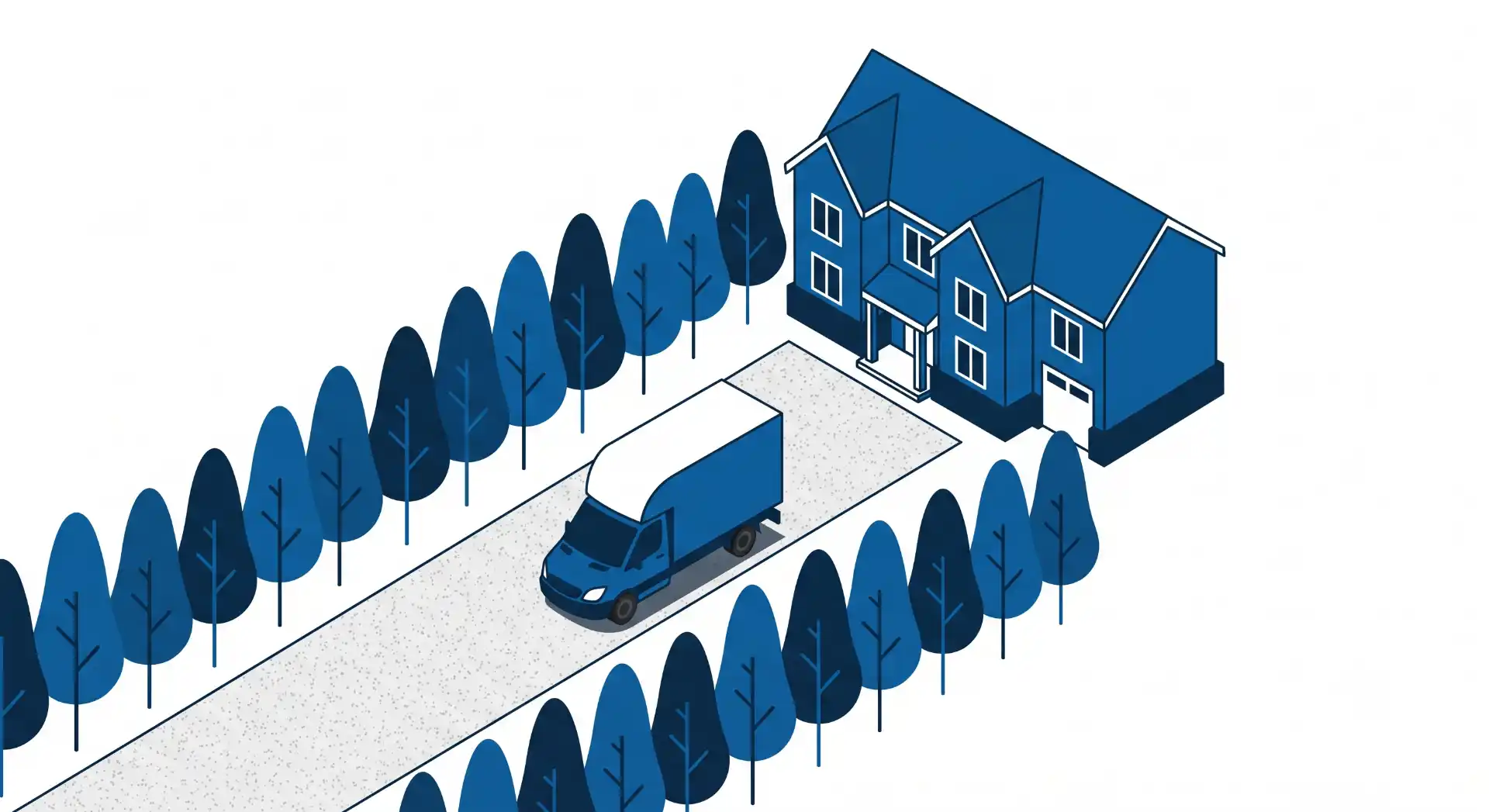 Isometric illustration of a removal van on a tree-lined driveway approaching a detached house, in blue and white on a plain background.
