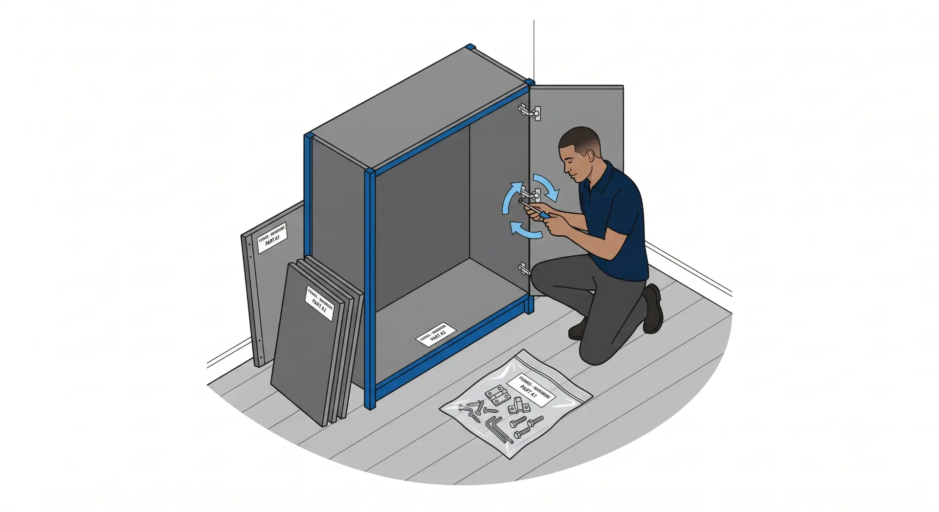 Isometric illustration of a technician reassembling a wardrobe, with labelled panels and a bagged set of fixings kept together for the move.