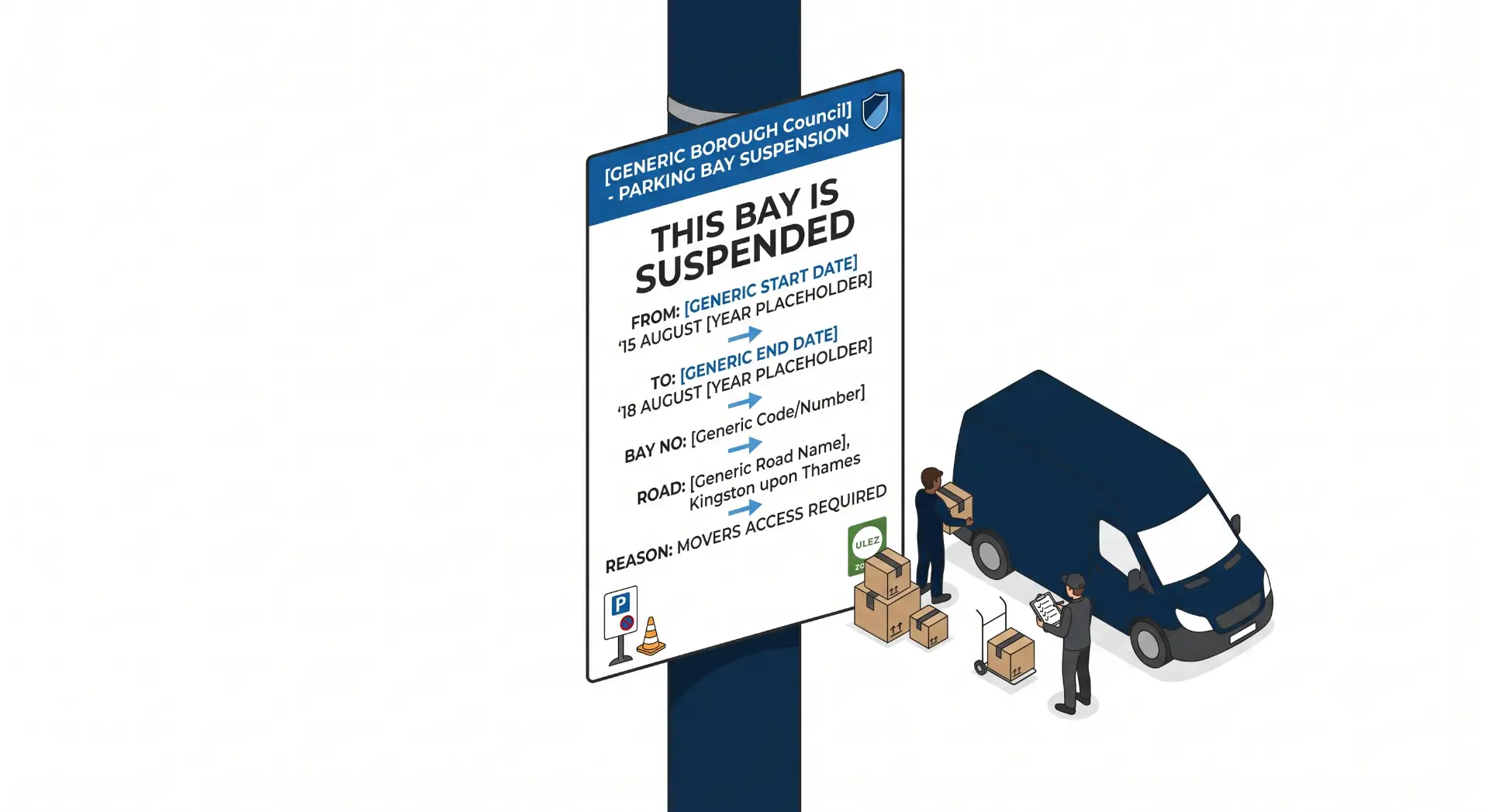 Illustration of a parking bay suspension notice showing the required fields, beside a removal van being loaded under movers access.