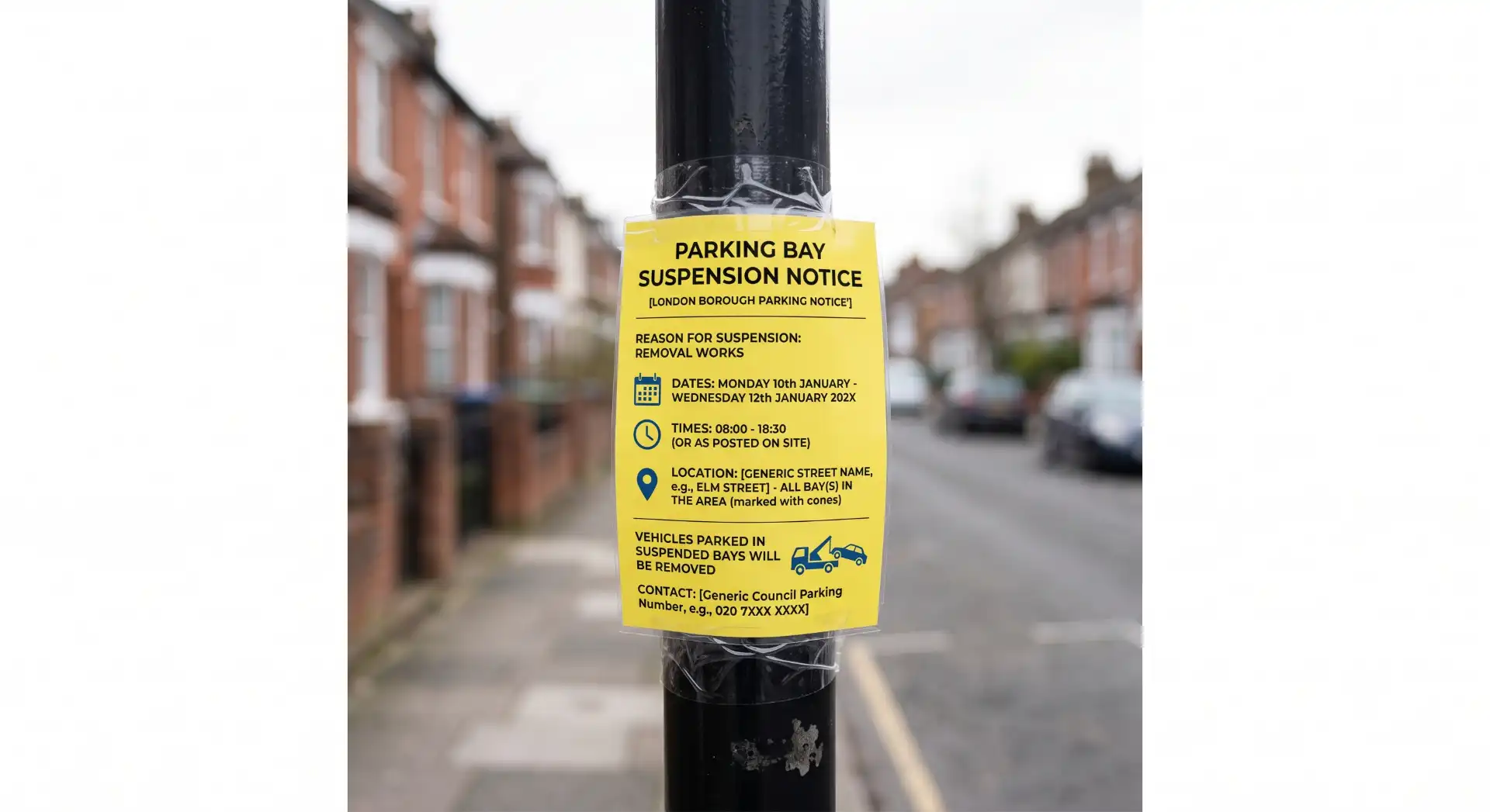 Yellow parking bay suspension notice fixed to a black street pole, showing dates, times and vehicle removal rules for the suspended bays.