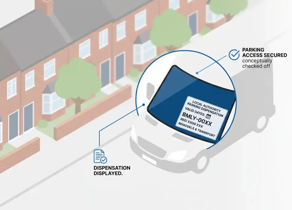 Diagram of a removal van on a residential street with a local authority parking dispensation displayed on the windscreen, confirming secured access.