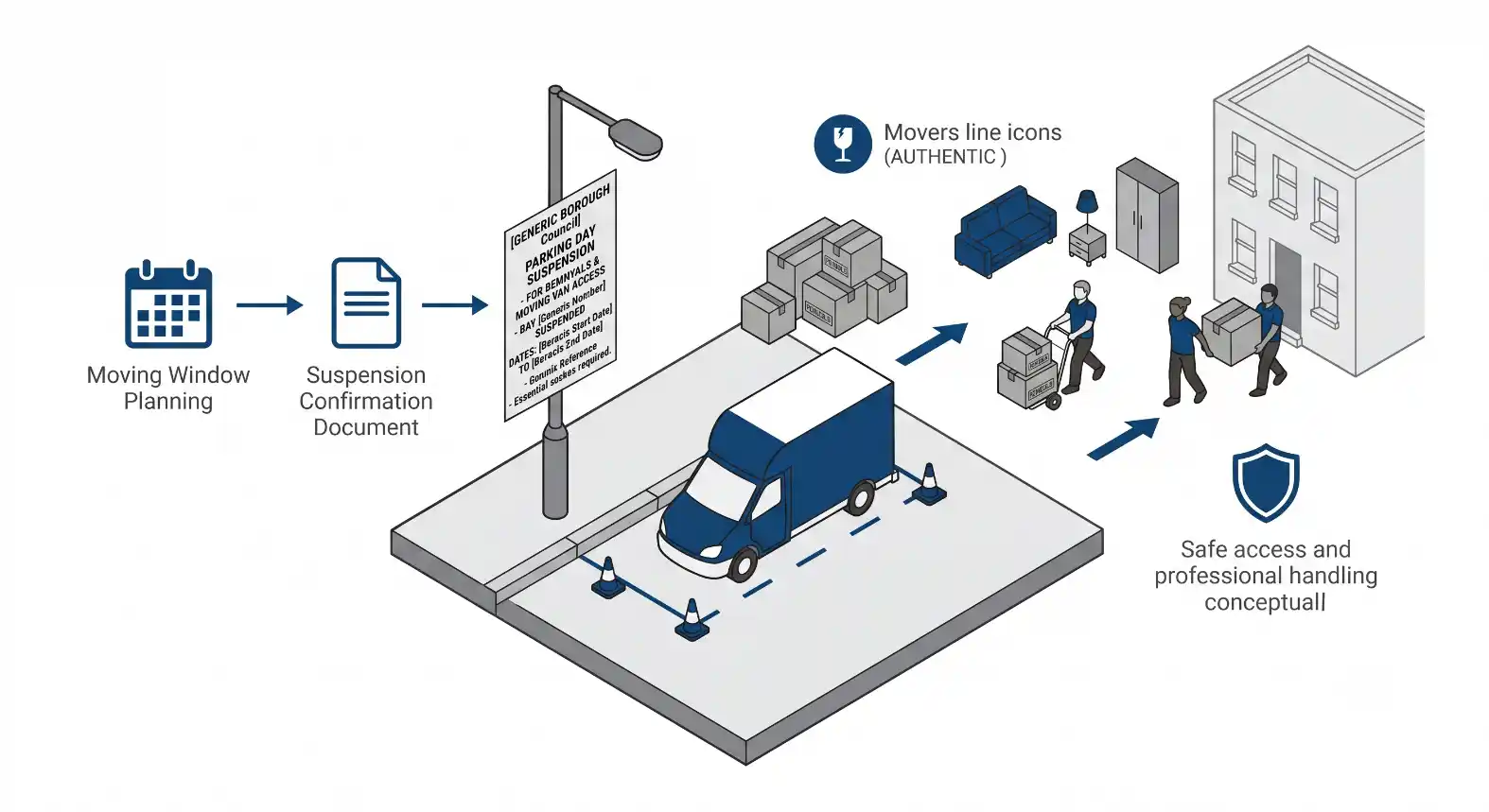 Isometric diagram of moving day access: planning the moving window, confirming the parking suspension and loading the van into the property.