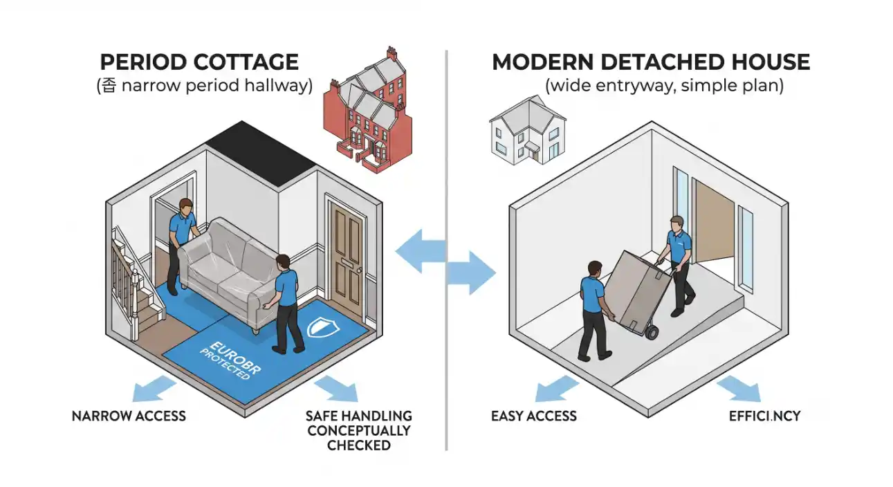 Comparison diagram of removals in a period cottage with narrow access and a modern detached house with a wide entryway and simpler layout.