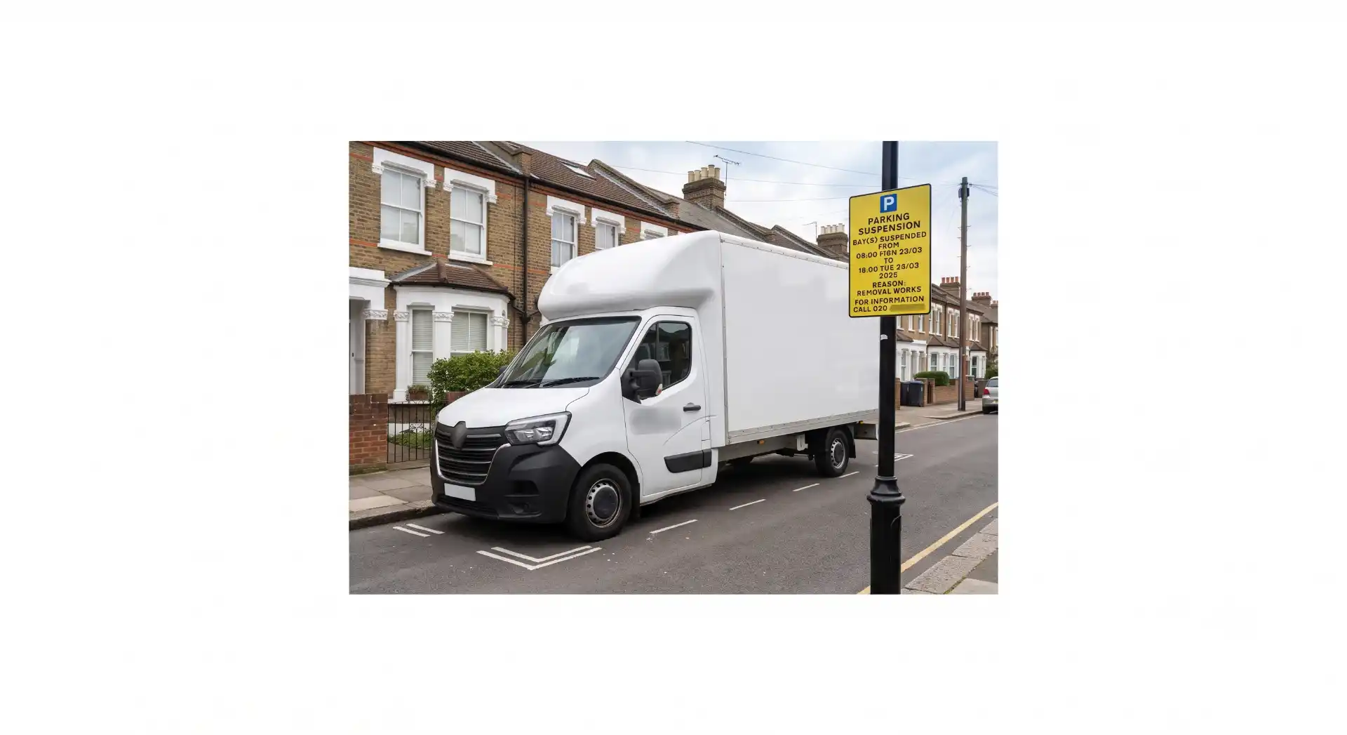 White Luton removal van parked in a suspended bay on a London residential street, beside a yellow parking suspension sign for removal works.