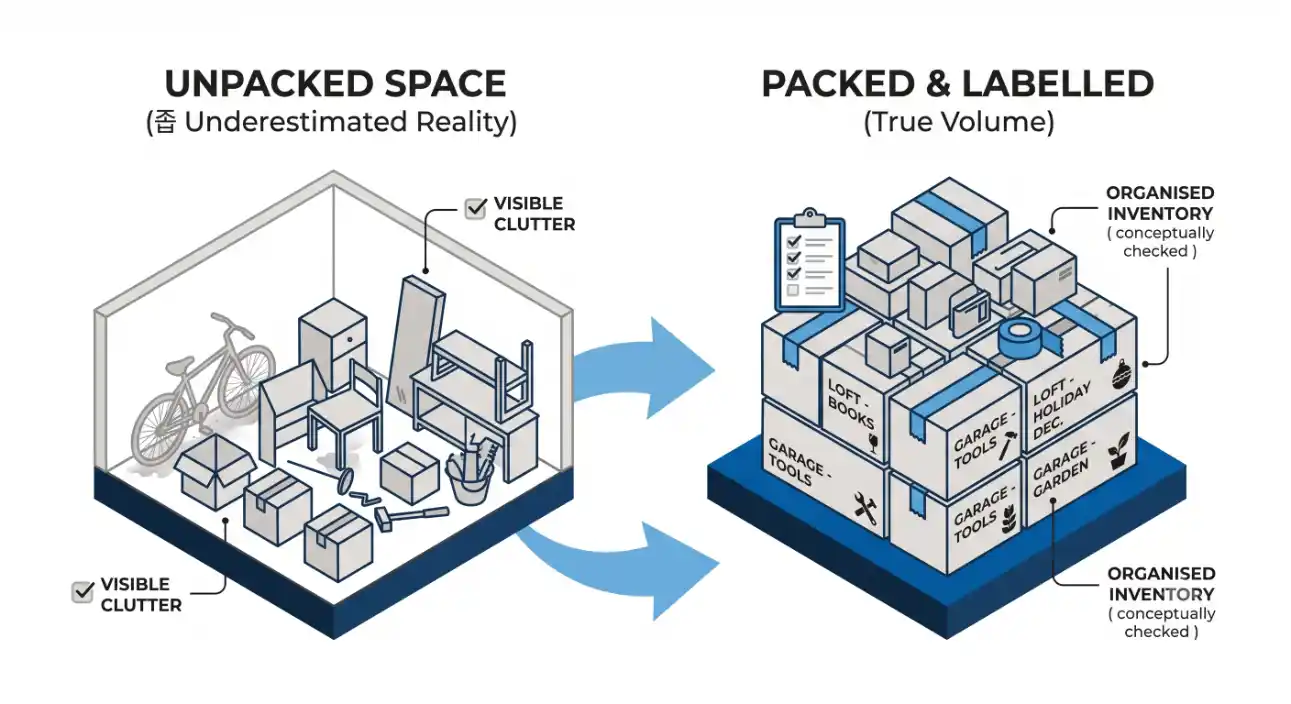 Comparison infographic showing a cluttered unpacked room and the same contents packed into labelled boxes, revealing the true volume of a move.