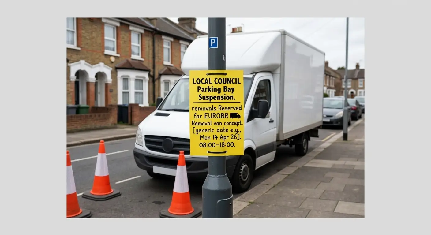 White work van parked on the street with traffic cones and a yellow "LOCAL COUNCIL Parking Bay Suspension" sign indicating a temporary parking suspension.