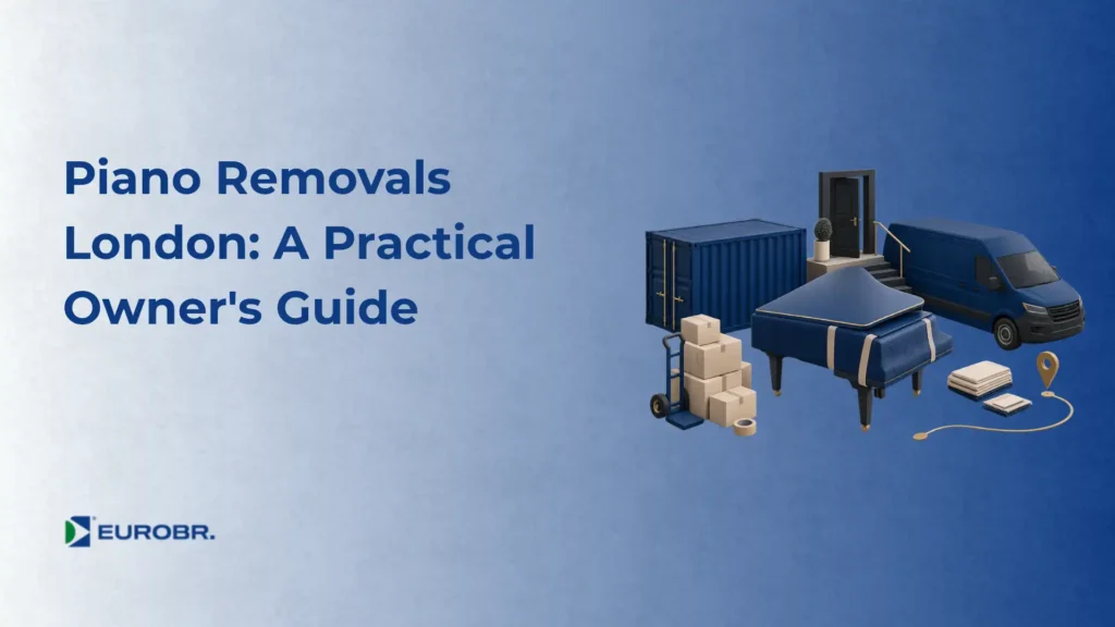 Capa ilustrada do guia “Piano Removals London: A Practical Owner's Guide”, com caminhão azul, piano, caixas e ícone de localização, texto e logo EUORBR.