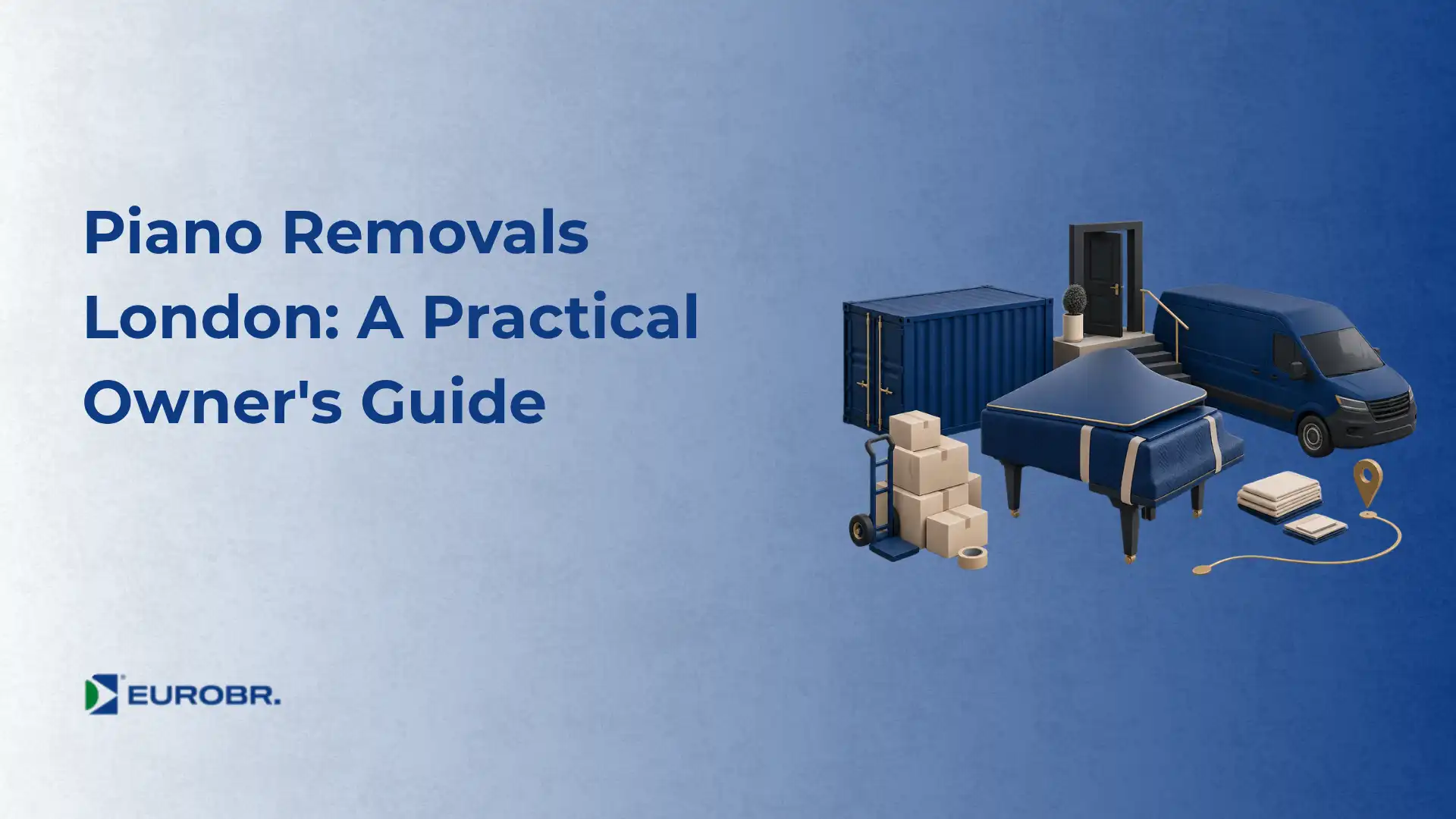 Capa ilustrada do guia “Piano Removals London: A Practical Owner's Guide”, com caminhão azul, piano, caixas e ícone de localização, texto e logo EUORBR.