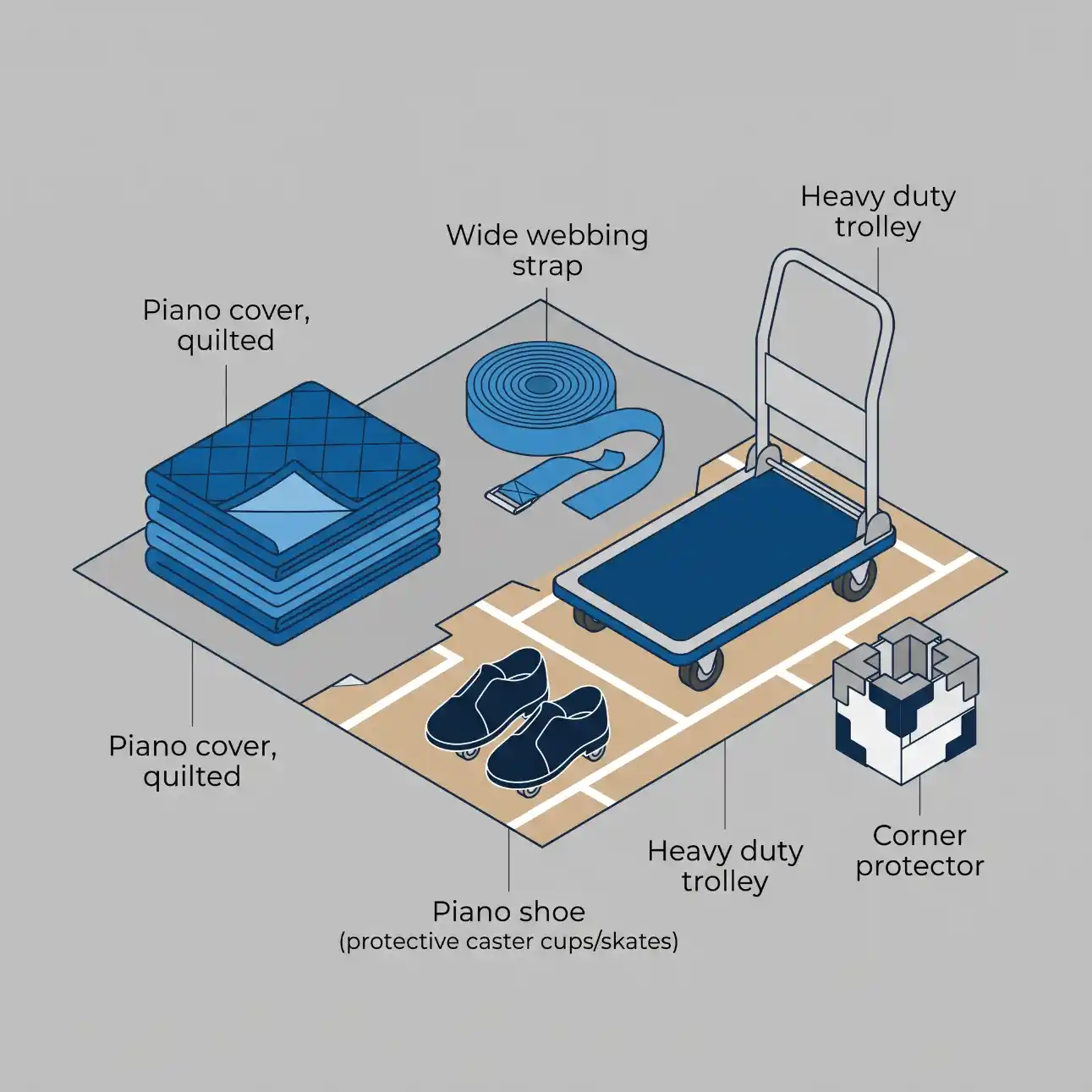 Ilustração com componentes para transporte de piano: piano cover acolchoado, cinta de fixação wide webbing strap, roletes heavy duty e sapatas protetoras com caster cups para proteger o instrumento.