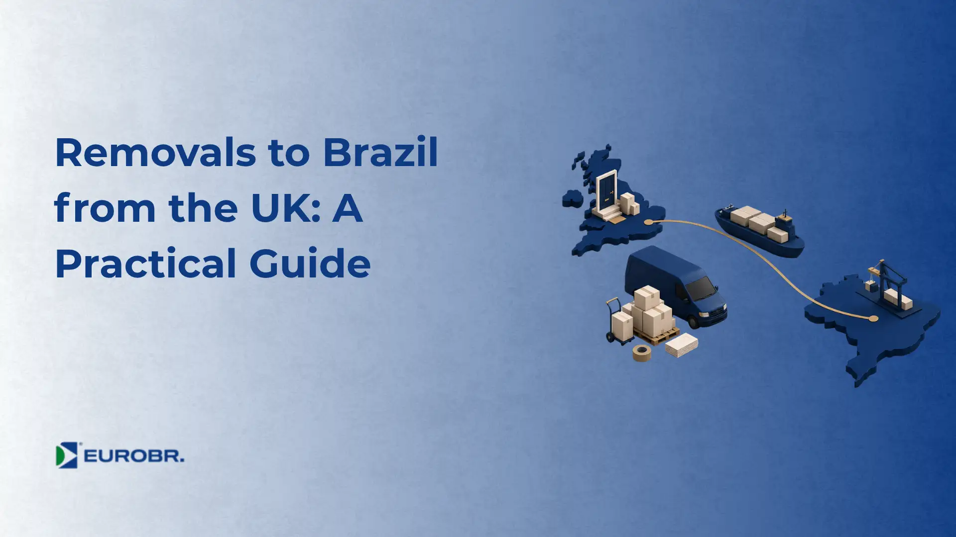 Imagem com texto “Removals to Brazil from the UK: A Practical Guide” e ilustrações de logística de mudanças para o Brasil, incluindo caminhão, caixas e mapa estilizado com conexões, além do logotipo EUROBR.