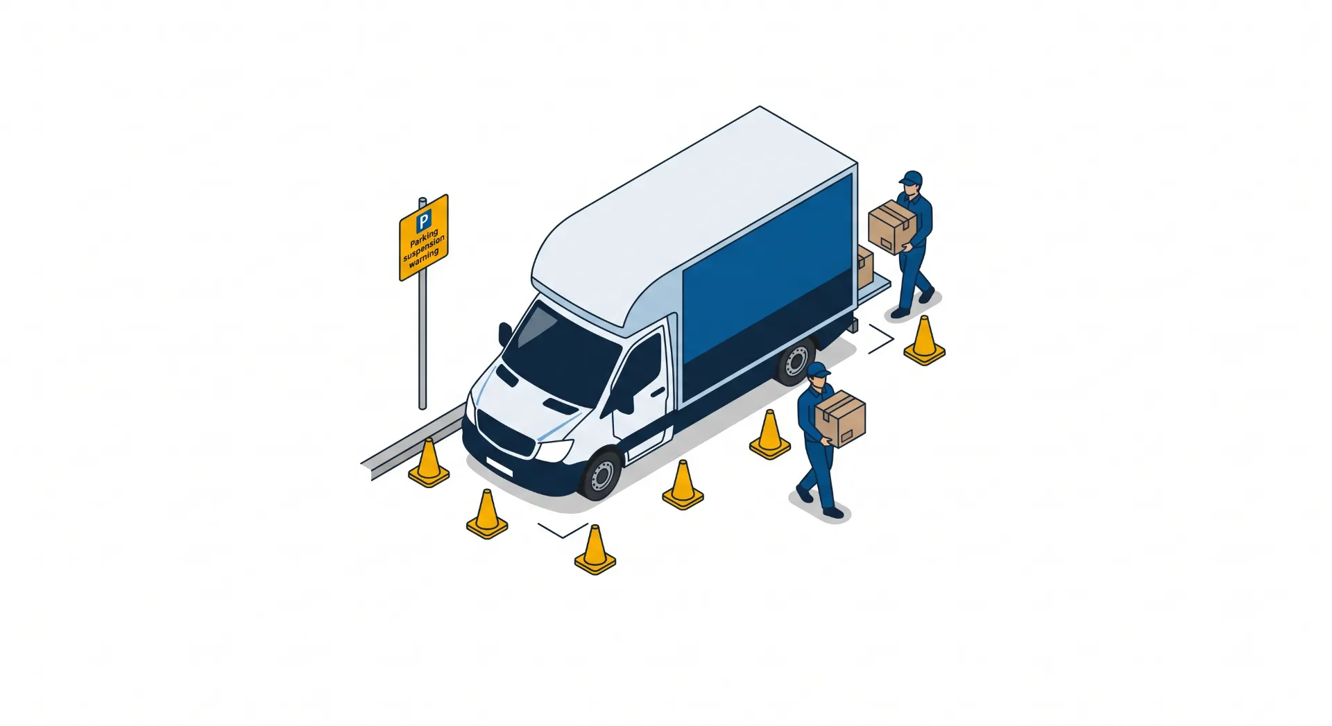 Ilustração isométrica de um caminhão de entrega estacionado com cones de trânsito e pessoas ao redor, simulando inspeção de rota e segurança no transporte logístico