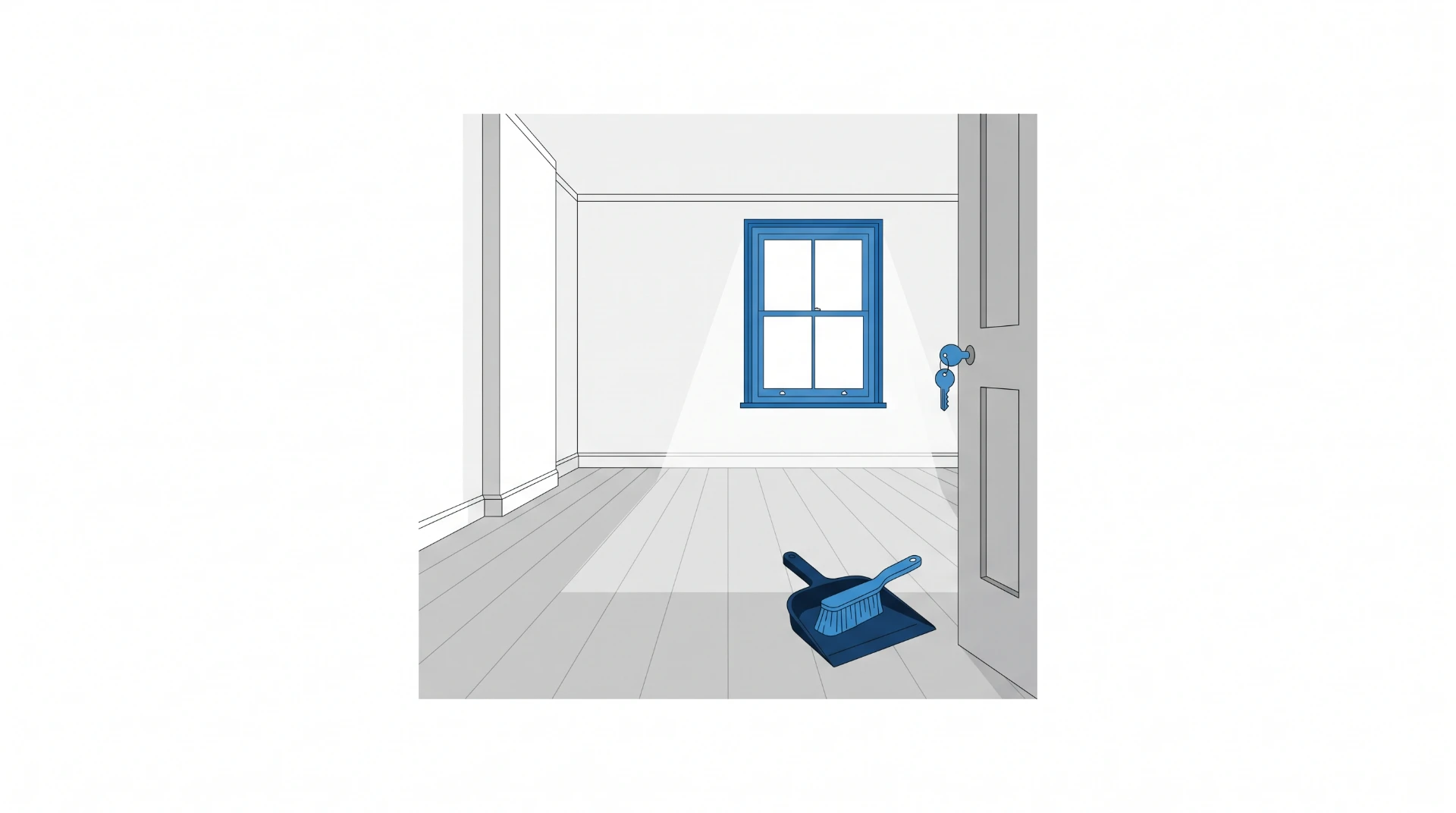 Ilustração de um cômodo interno com piso cinza, paredes brancas e uma janela azul ao fundo, com uma pá de lixo e um rodo azul no canto