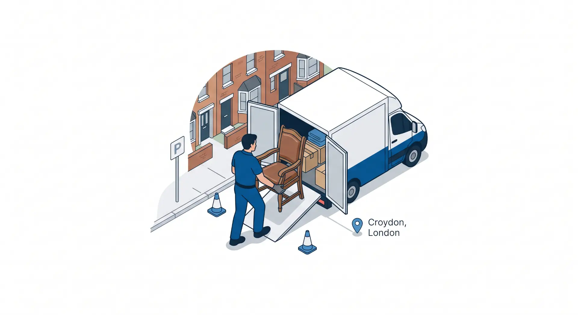 Ilustração em estilo isométrico mostra um entregador levando uma cadeira do interior de uma van aberta, com cones de sinalização no chão e referência de local Croydon, London.
