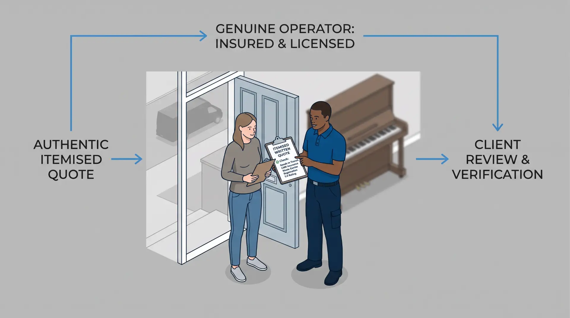 Ilustração com dois profissionais na frente de uma porta de entrada, enquanto elementos gráficos indicam etapas de processo: autenticidade, verificação do cliente, operador autorizado e licenciado, e cotação de itens genuínos.