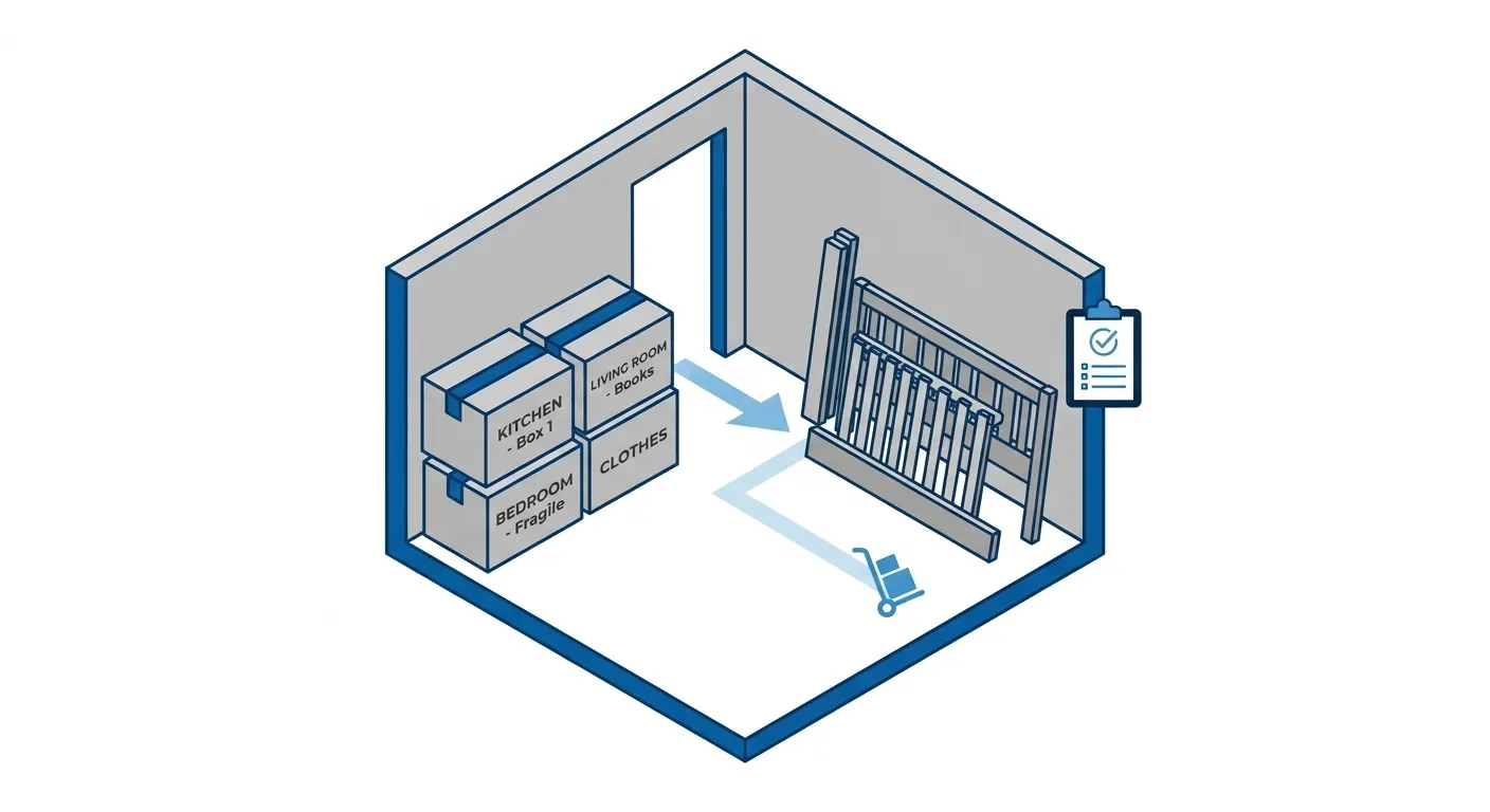 Isometric illustration of a house divided into rooms, showing a bedroom, living room and hallway, with a bed, clothes and flow arrows indicating how the space is organised.
