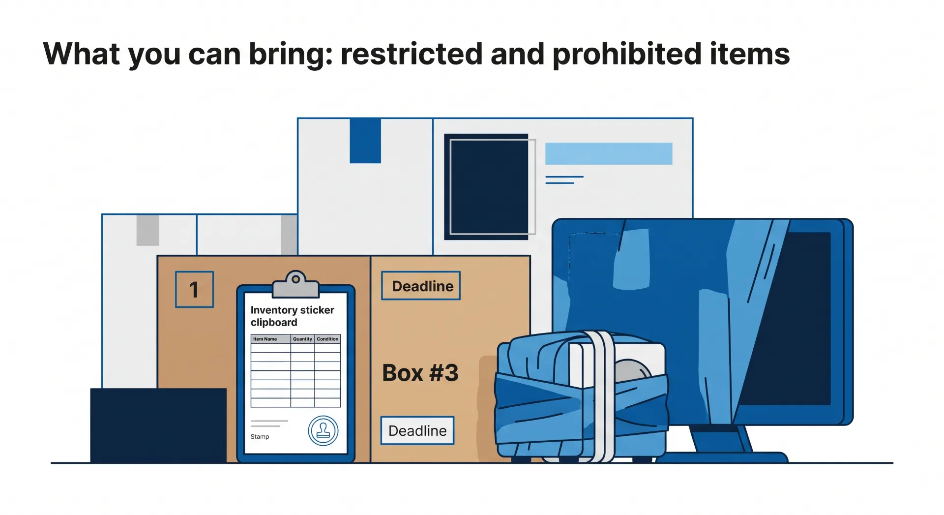 Ilustração com caixas e pastas organizadas, um quadro de aviso com itens restritos e proibidos e um laptop ao lado, indicando controle e prazos de envio. Texto: "What you can bring: restricted and prohibited items" e "Box #3".