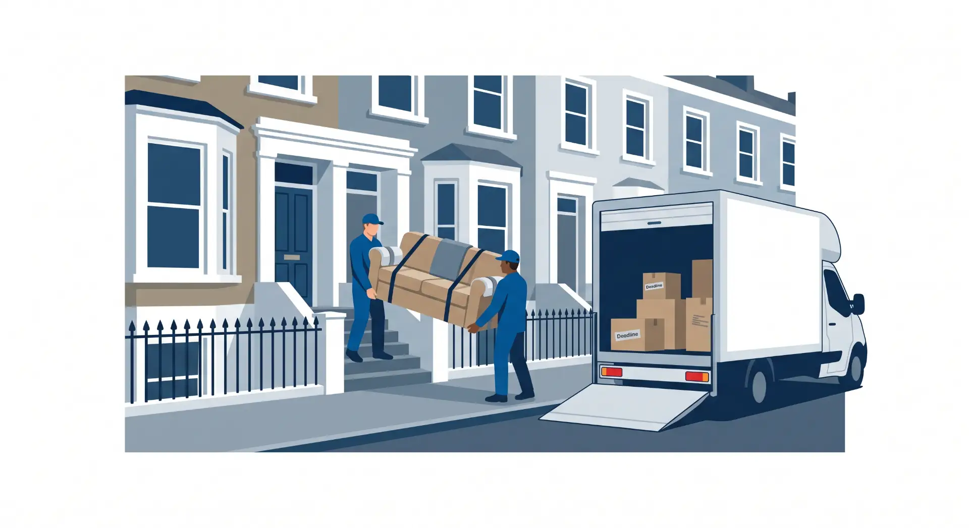 Ilustração vetorial de dois entregadores com uniforme carregando caixas em uma mudança residencial, ao lado de um caminhão de transporte em frente a casas com cerca e portão