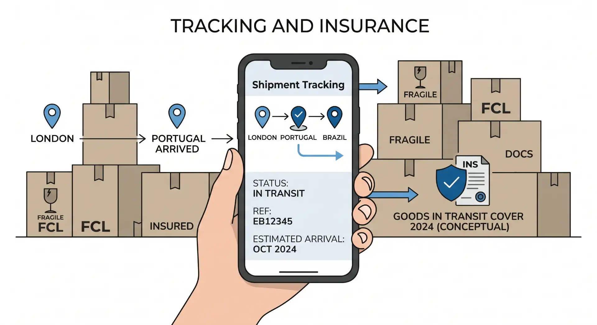 Ilustração de rastreamento e seguro de encomendas com caixas de transporte e um celular exibindo o rastreamento de Shipment Tracking de London para Portugal e Brasil, com status em trânsito e cobertura de goods in transit cover.