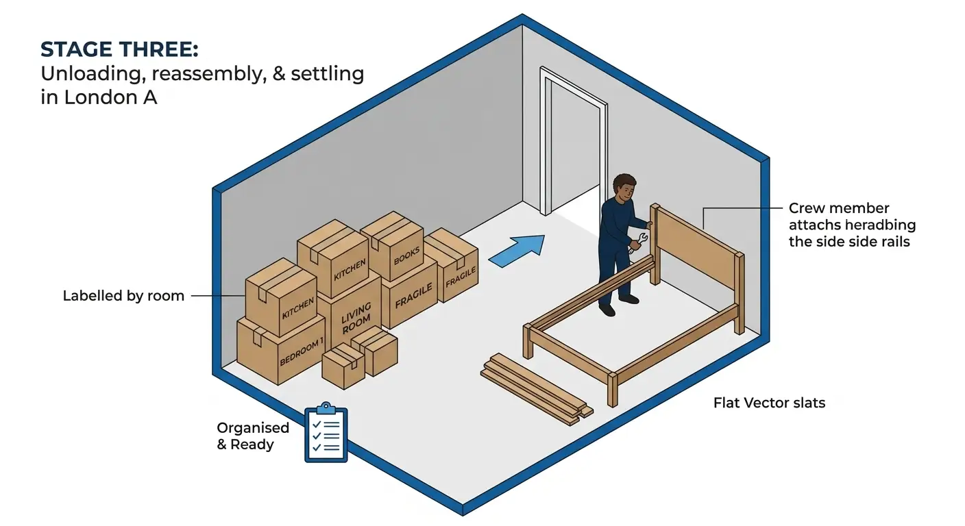 Removals illustration showing "Stage Three" in London: boxes labelled by room, a tidy area and a staff member setting up the bed with side rails, in vector panels.