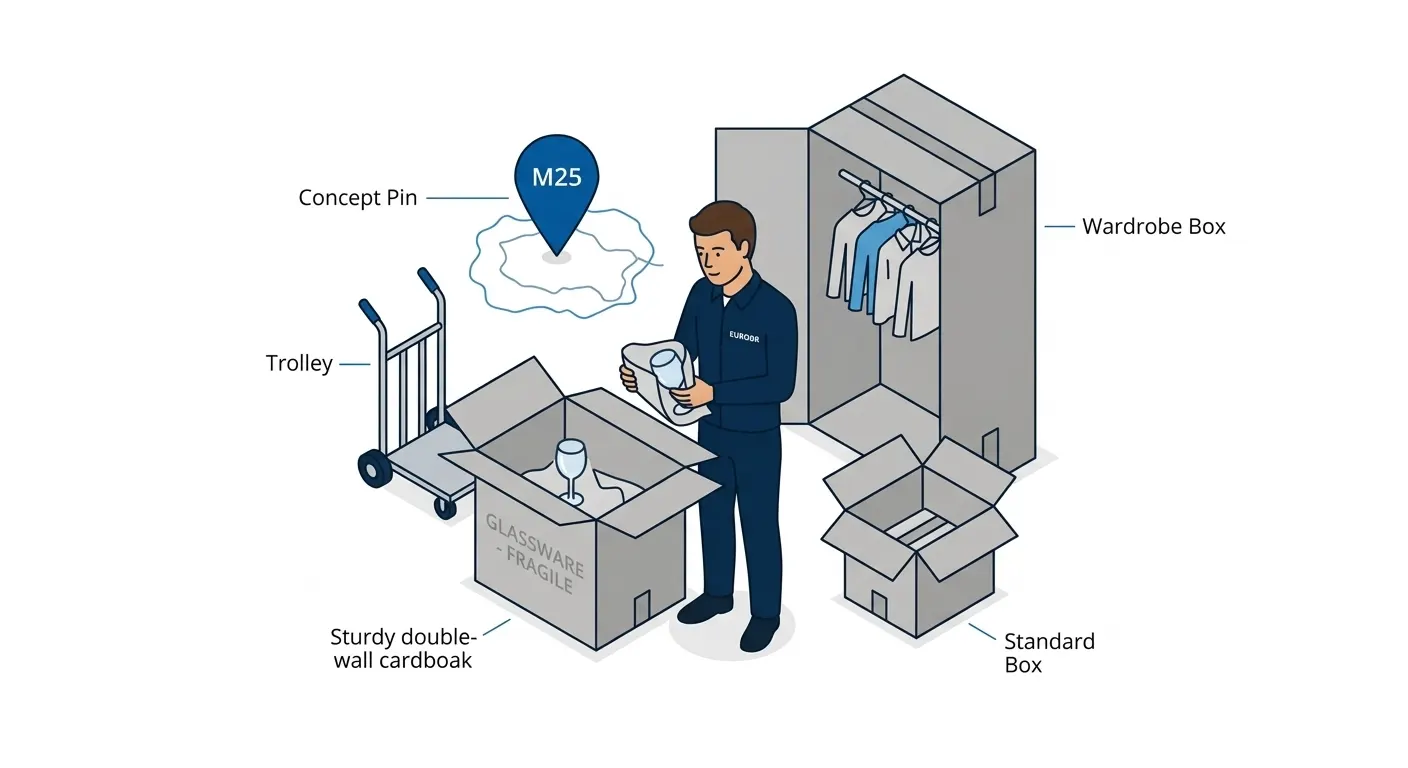 Technical illustration showing the assembly and transport of wardrobe storage boxes, with standard boxes and a wardrobe box, a trolley and an M25 marker.